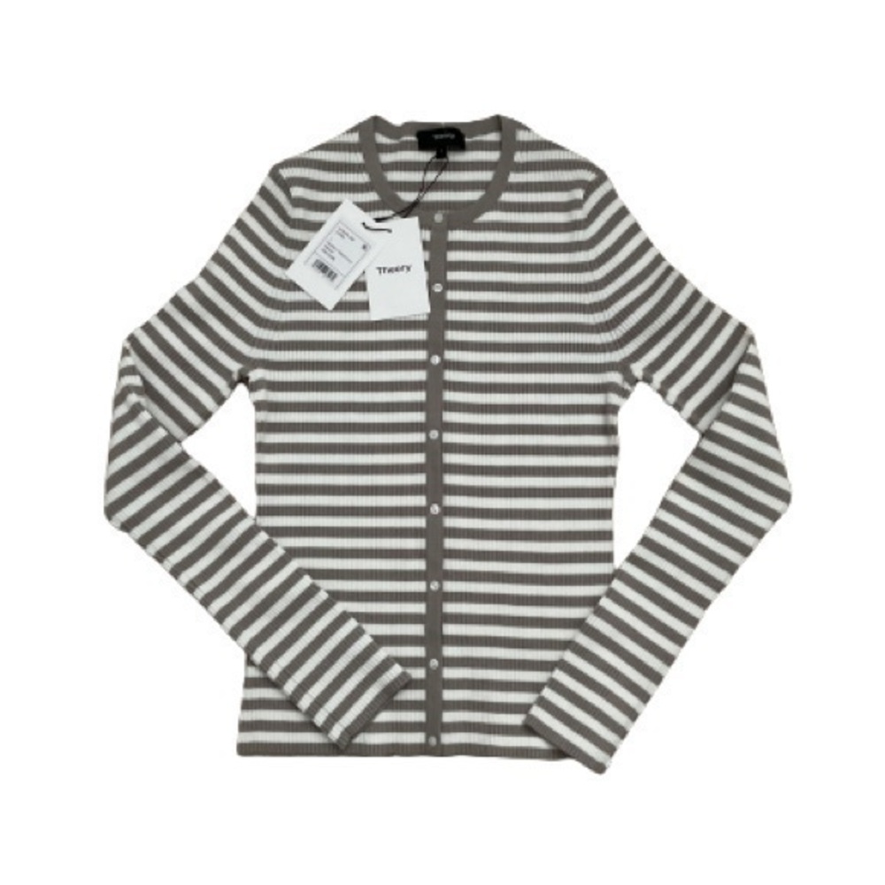 NWT THEORY GAL WOMEN CARDIGAN, KNITTED, STRIPED, RIBBED, WHITE AND BEIGE, US L